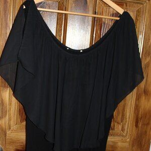 Knit black top with sheer ruffle